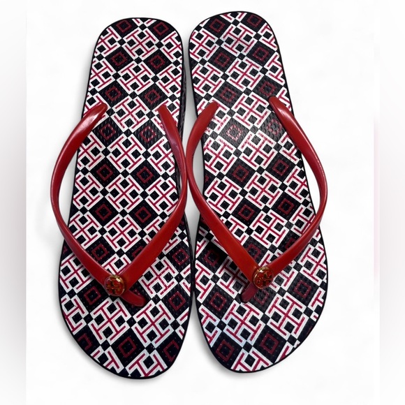 Tory Burch Thandie Wedge Flip-Flops, brand's geometric logo print. Size 9.5 - Picture 8 of 9